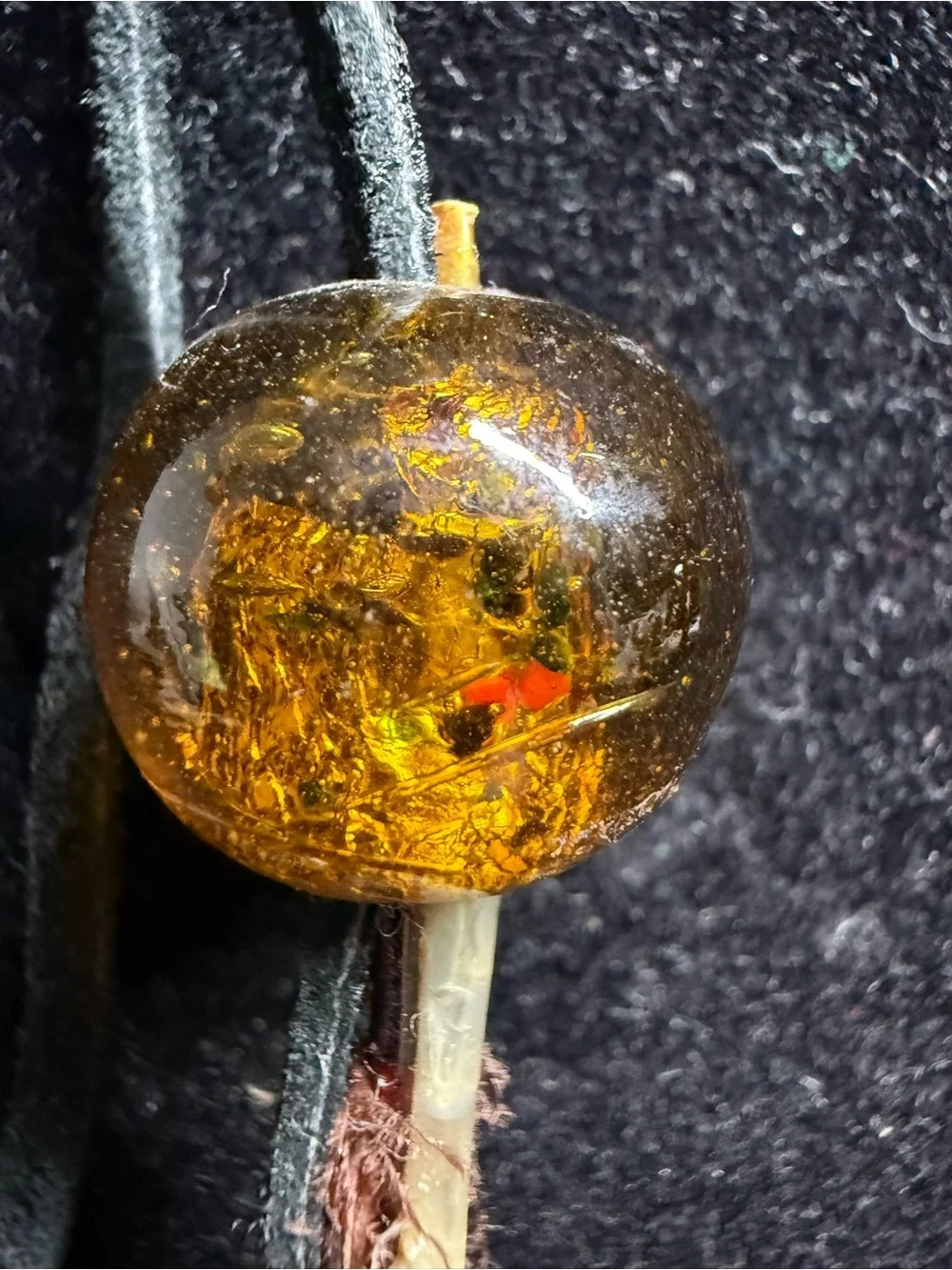 Vintage Italian Amber Look Beaded Leather Cord Lariat Necklace Feather Pendant
